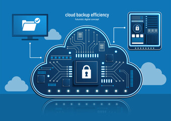 Secure data transfer and encrypted AI backup between edge devices and cloud storage. Elegant vector illustration for cybersecurity concepts. Not AI-generated.