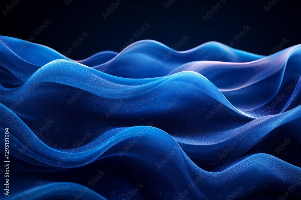Poster flowing blue fabric waves create a serene and mesmerizing texture in a dark background setting