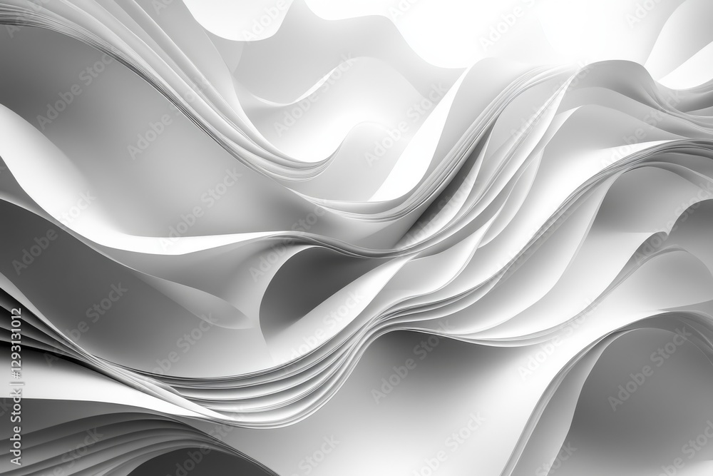Poster dynamic flow of white paper waves creating a sense of movement and softness in a minimalist design