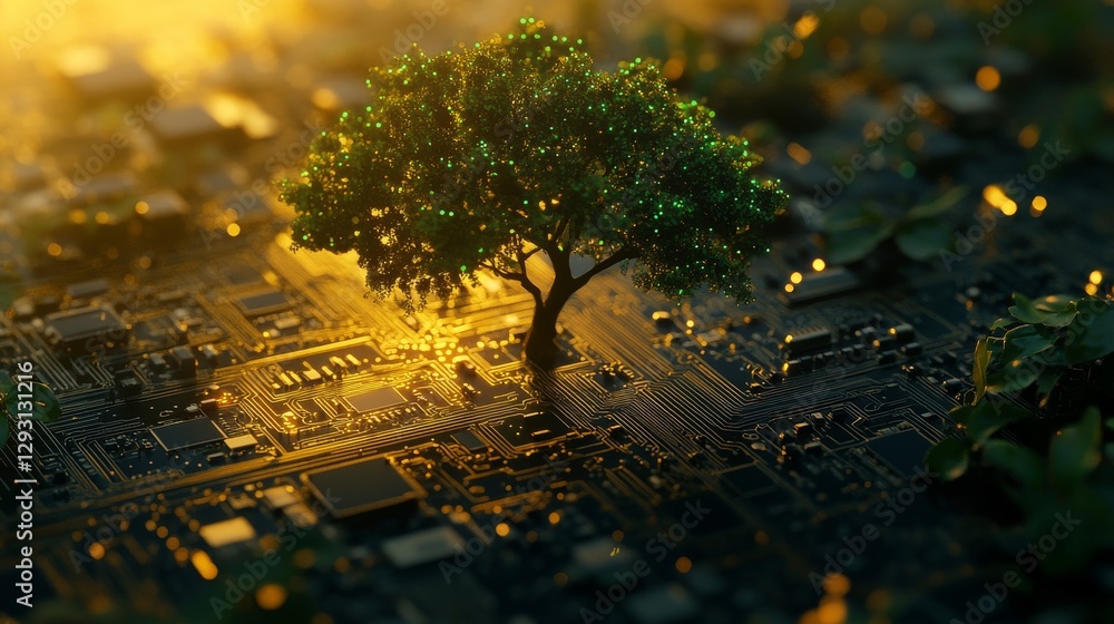 Poster tree growing on a circuit board with glowing lights, representing the fusion of nature and technolog