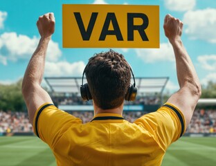 Fototapeta premium Referee Signals VAR Decision in a Vibrant Sports Stadium Scene