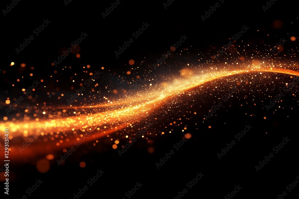 Poster golden sparkles create a stunning wave effect in a dark background showcasing a mesmerizing flow of 