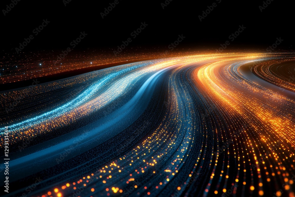 Poster vibrant light trails create dynamic patterns in a dark space with an abstract design