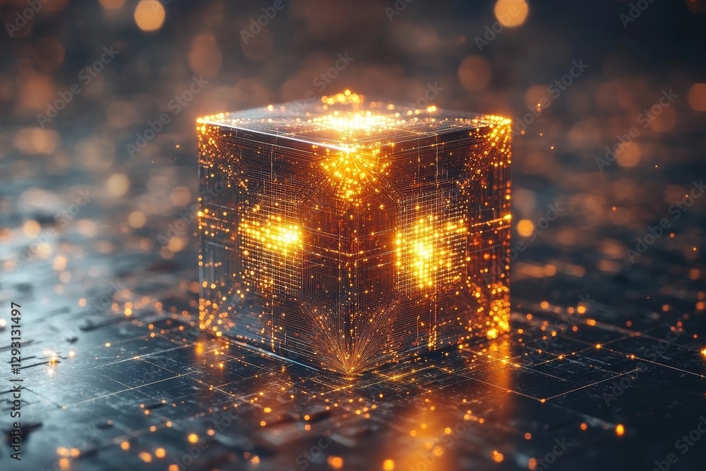 Poster futuristic glowing cube displaying intricate designs and patterns in a digital landscape at night