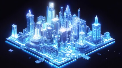 Futuristic city skyline, isometric view, glowing blue architecture.