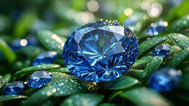 Sparkling Jewel amidst the green: A vibrant and sparkling blue gemstone rests elegantly among lush green foliage, glistening with captured dewdrops, in a captivating macro shot.