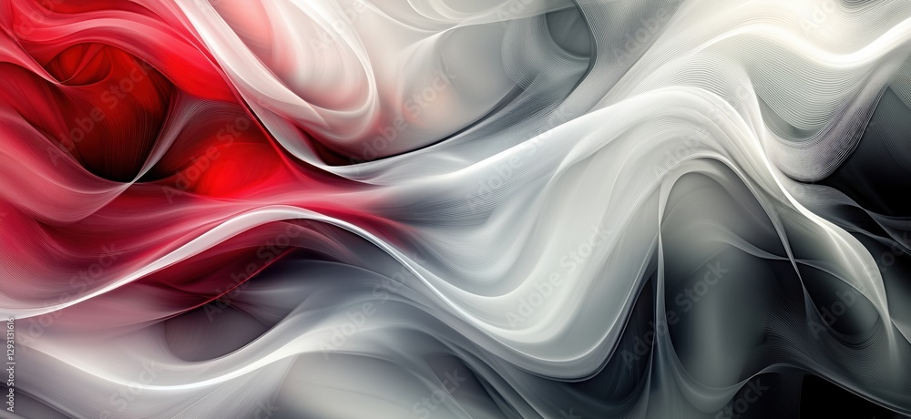 Poster abstract flowing waves in red, white, and black colors creating dynamic visual movement, copy space 