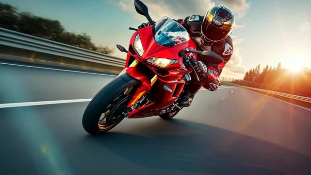 A skilled motorcycle rider speeds along a stretch of open road during a vibrant sunset, showcasing precision and power