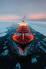 Obraz premium Cargo Ship Navigating Icy Arctic Waters at Sunset