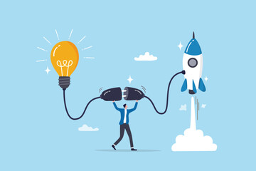 Entrepreneur business idea creating startup company, start new business with creativity, innovation, company founder, inventor or development, businessman connect lightbulb idea with launching rocket.