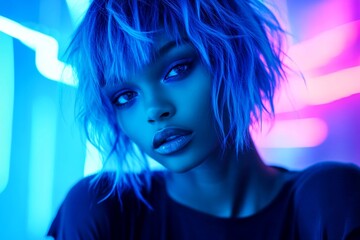 Fototapeta premium Commercial digital ads conceptual art. Lovely calm black girl - for ads, advertisement and social web marketing ad use. Short trim - blue hair. Stylish african portrait ads. Black girl trends.