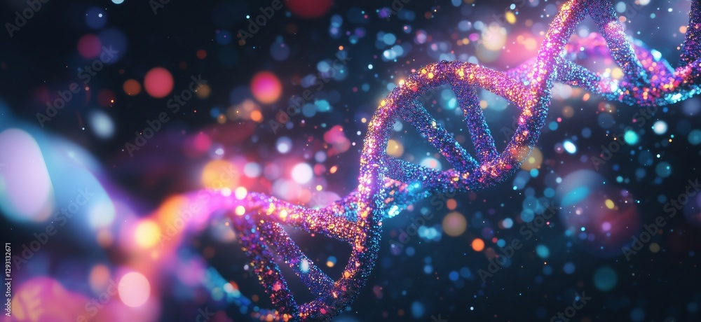Aufkleber colorful dna double helix structure with sparkling particles and vibrant background, copy space for 