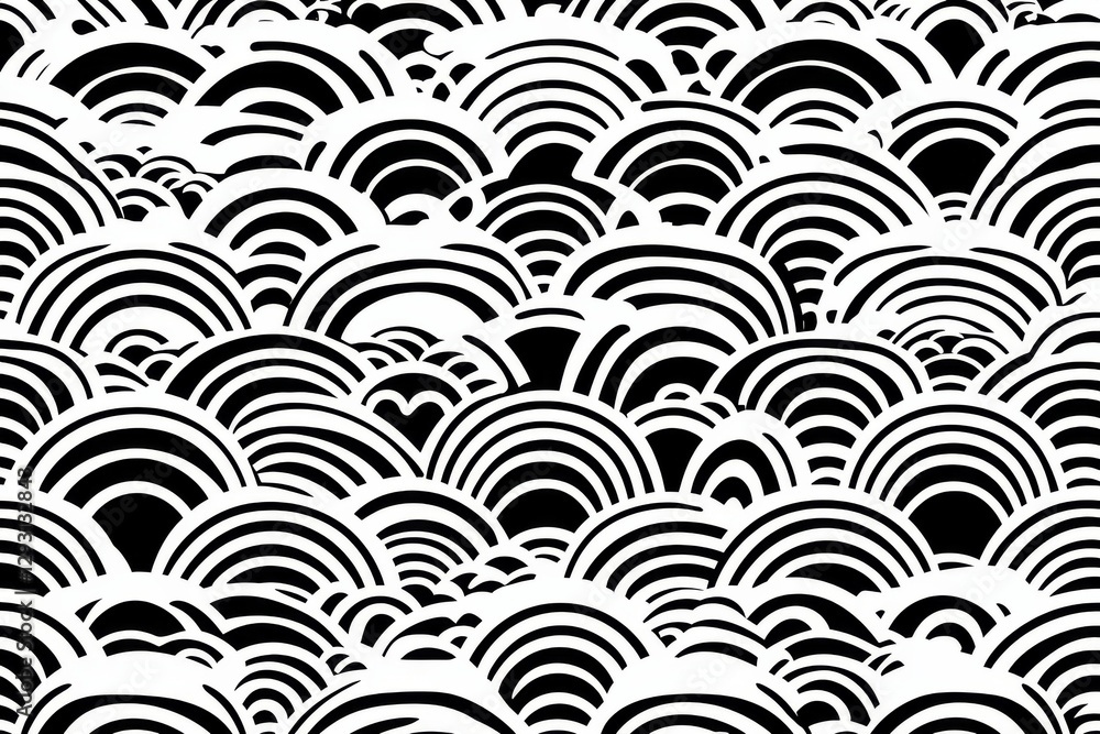 Poster black and white abstract wave pattern with layered curves creating a striking visual effect