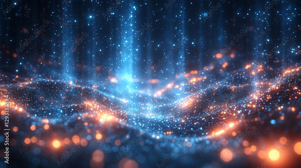 Poster abstract digital landscape with glowing blue and orange particles, dynamic and vibrant flow. futuris