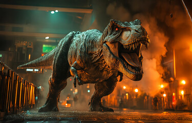 A monstrous Indominus Rex smashes through a reinforced fence, symbolizing power and danger