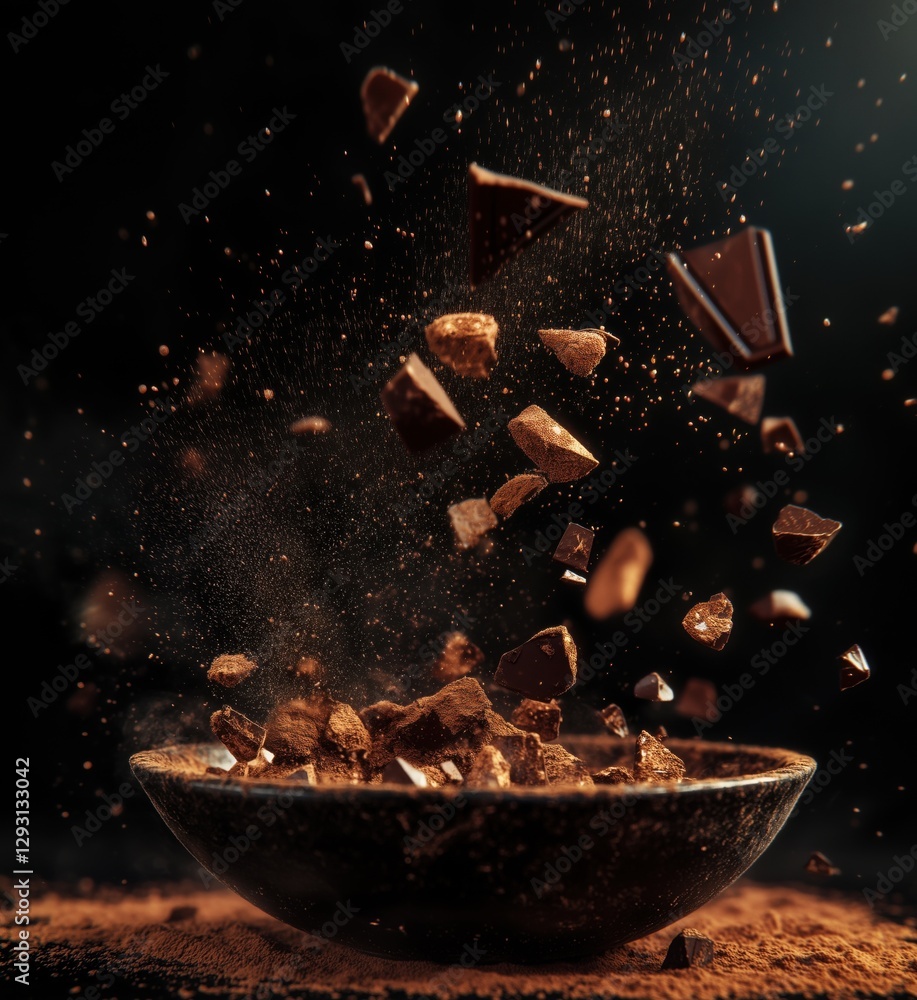 Poster chocolate pieces exploding from bowl creating dynamic motion and texture, copy space for text