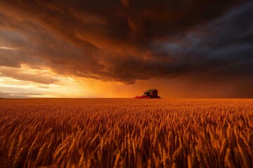 Obraz premium Combine Harvesting Wheat Field Under Dramatic Sunset and Storm Clouds