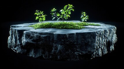 Green plants growing on a unique rock formation, isolated on a white background.