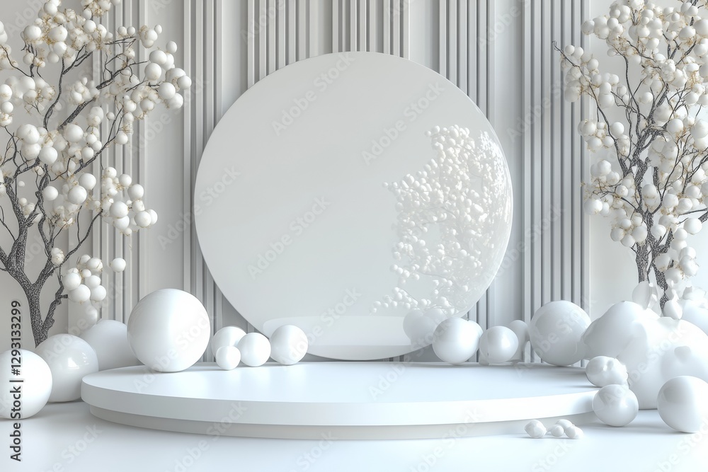 Aufkleber modern minimalist display with round podium and decorative elements set in a bright studio environme