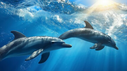 Obraz premium Two Beautiful Dolphins Swimming Underwater Through Sunrays with Breaking Wave Above. Split-Level, Over-Under Photo. Ocean Environmental Concept Background