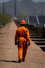 Fototapeta premium Worker inspects solar panels in desert landscape