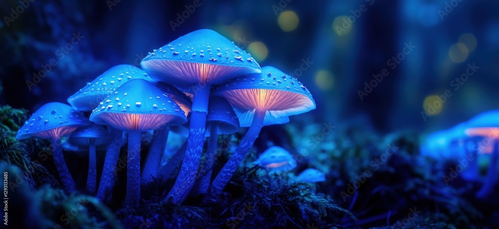 Poster glowing blue mushrooms in mystical forest setting with soft bokeh background, copy space for text