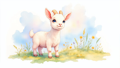 A cute little goat is standing in a field of flowers. The goat is smiling and looking up at the camera. The scene is bright and cheerful, with the flowers adding a pop of color to the image