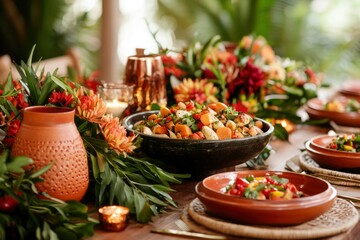 Outdoor feast with vibrant dishes and floral decor