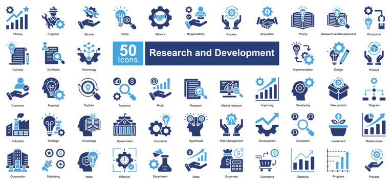 Research and Development icon set in Two Color style, covering innovation, strategy, market research, and product development. Ideal for business, industry, and scientific research.