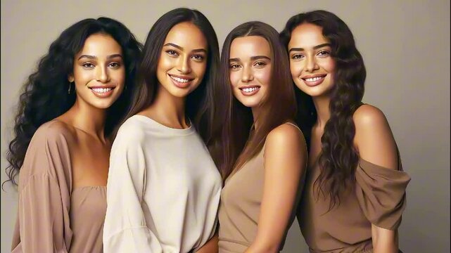 Beautiful girls models of different races and appearances in beige clothes on gray beige background. Cute multicultural models with different skin colors. Natural beauty, friendship of peoples