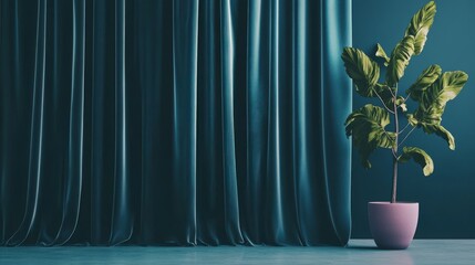 Dark Teal Velvet Curtains with a Statement Plant: A Modern Interior Design