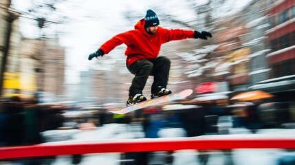 Snowboarder performing an aerial trick over a ramp in a snowy city street.