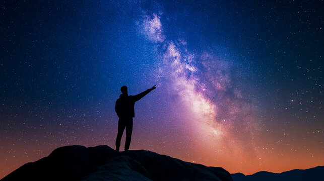 Person gazing at the Milky Way galaxy from a rocky mountaintop under a starlit sky at night