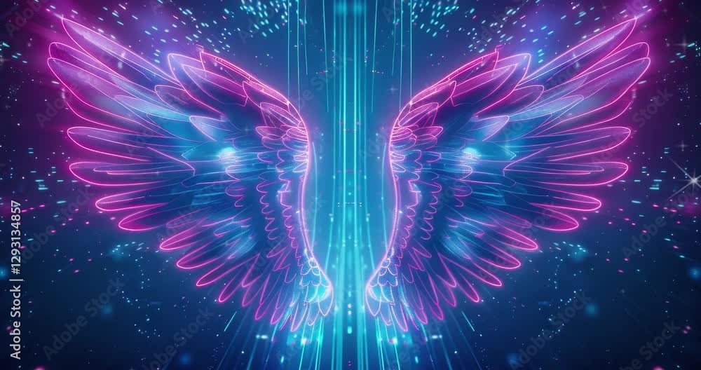 Poster a neon light effect digital art background featuring two symmetrical wings. abstract background. dig