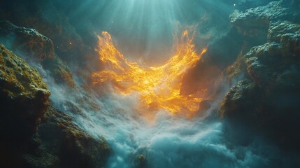 Fototapeta premium Fiery phoenix rising from mystical cavern, ethereal light.