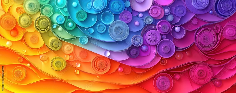 Poster colorful abstract design with swirling patterns and bubbles in vibrant rainbow hues, copy space for 