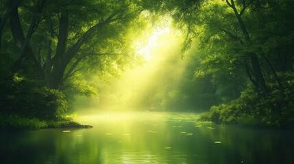 Peaceful forest with sunlight filtering through trees, illuminating a serene river. Perfect for nature, relaxation, and wellness themes.