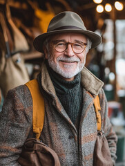 Obraz premium Elderly man in a stylish coat with backpack in market