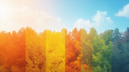 Forest with vertical overlays showing seasonal changes. Ideal for nature, climate, and conceptual visuals.