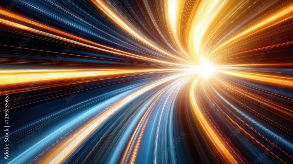 Poster abstract motion blur of golden light streaks flowing dynamically on a dark background, creating a se