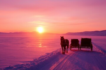 Horse-drawn sleigh on snowy plain at sunset