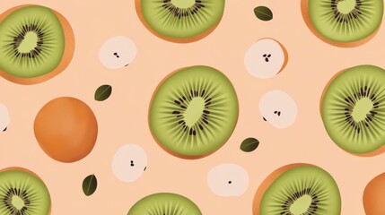 Fototapeta premium A Captivating Pattern of Kiwi Slices and Leaves. A Visual Feast of Fresh Fruit