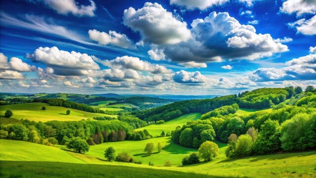 A serene and peaceful landscape with a brilliant blue sky and fluffy white clouds, set against a backdrop of lush green trees and rolling hills , beautiful blue sky background, hills