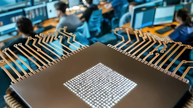 A computer chip with glowing circuitry, overlaid on a classroom with students working on computers