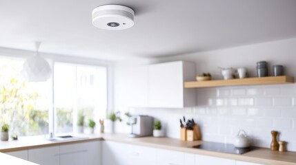 Carbon monoxide sensor in a bright kitchen with clean countertops. Featuring protection and caution