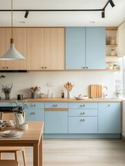 Fototapeta premium A modern kitchen with wooden cabinets and blue drawers