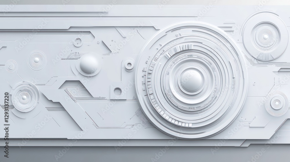Poster abstract white technological panel with circular and segmented design elements.