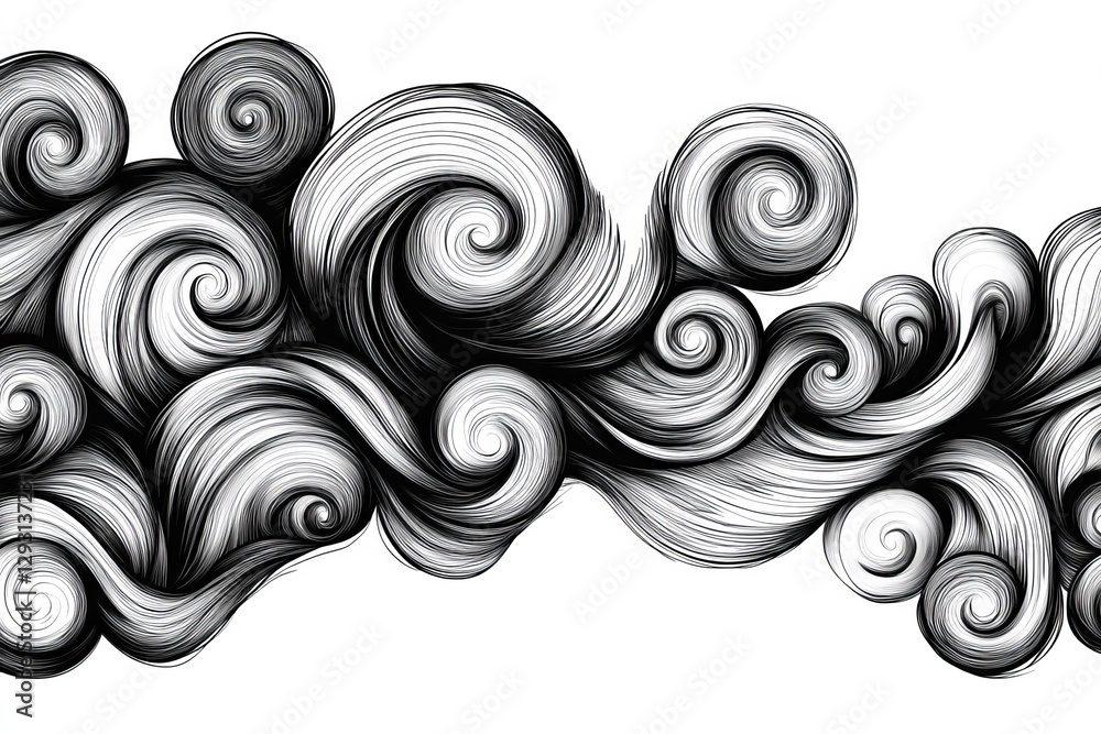 Poster swirling black and white patterns create an artistic representation of movement and flow