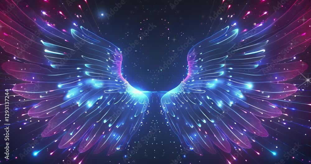 Poster a neon light effect digital art background featuring two symmetrical wings. abstract background. dig