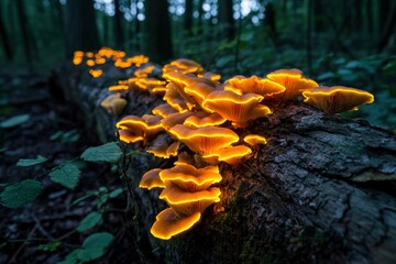 Glowing Mushrooms on Fallen Log in Dark Forest